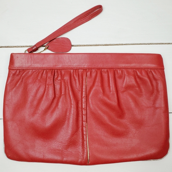 Vtg Etra Vintage 70s 80s Red Genuine Leather Medium Clutch Bag Purse - Picture 2 of 15